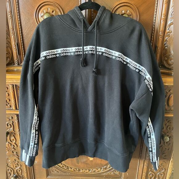 Adidas Originals R.Y.V. Women's Hoodie Black Trefoil Logo Tape Drop Shoulder - Picture 2 of 9